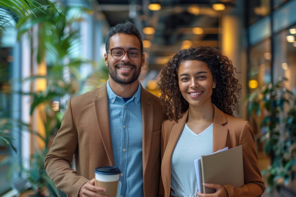 2 diverse office people in beige jackets after new office renovation